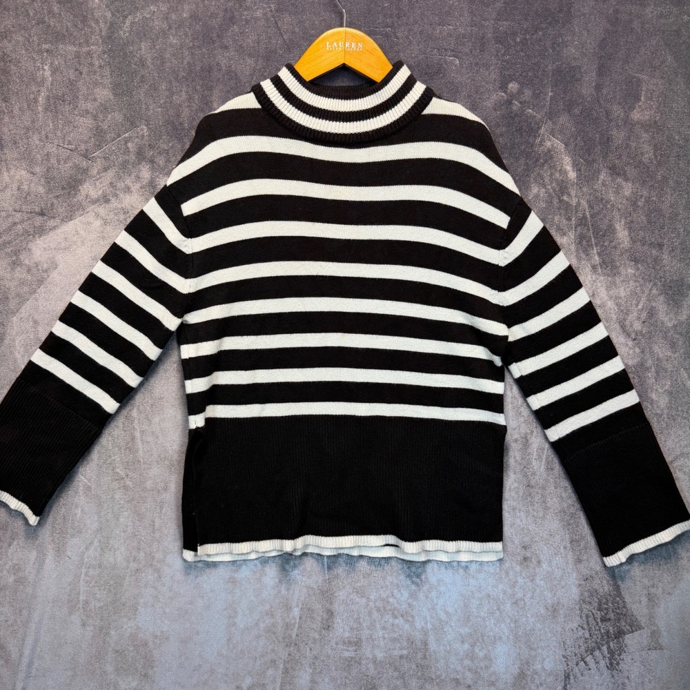 Zesica Sweater Womens Black Relaxed S Striped Mock Neck Side Slit Pullover